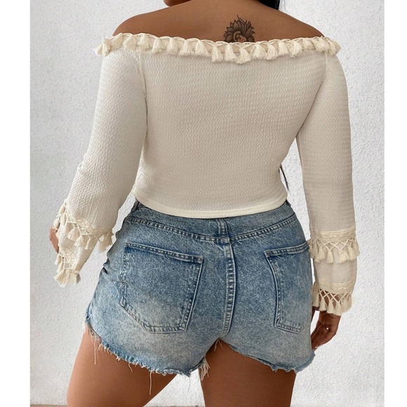 Boho Off Shoulder Tassel Detail Cropped Top - Picture 11 of 13